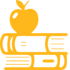 Apple sitting on books (school) icon in Baylor yellow